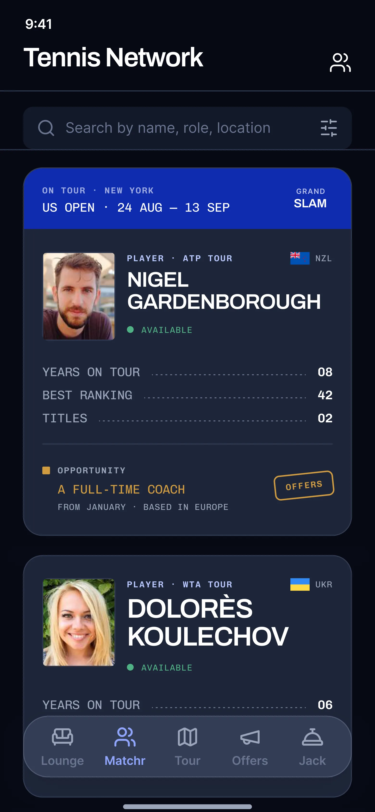 The Tennis Network app, showing the directory of members